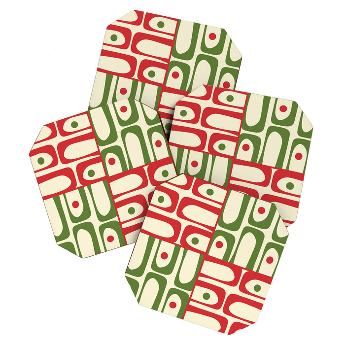 Retro Christmas Mid Century Modern Piquet Multi Red Green Cream Abstract Geometric Pattern Coaster Gallery Image 1