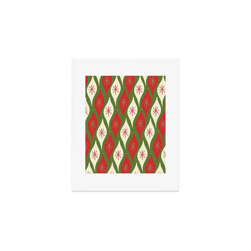Retro Christmas Ornaments Pattern Green Red Cream Art Print Gallery Image 1