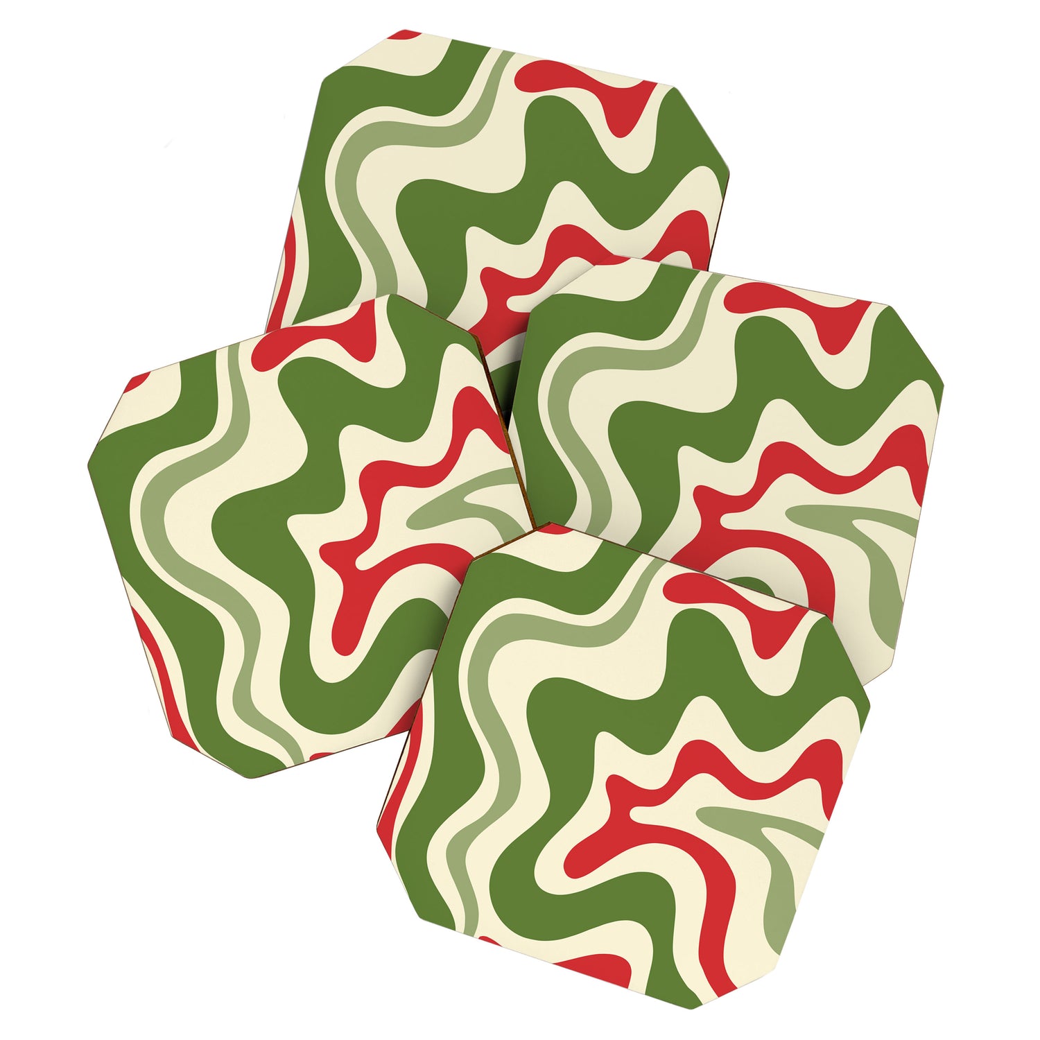Retro Christmas Swirl Abstract Pattern in Olive Green, Sage, Xmas Red, and Cream Coaster Gallery Image 1