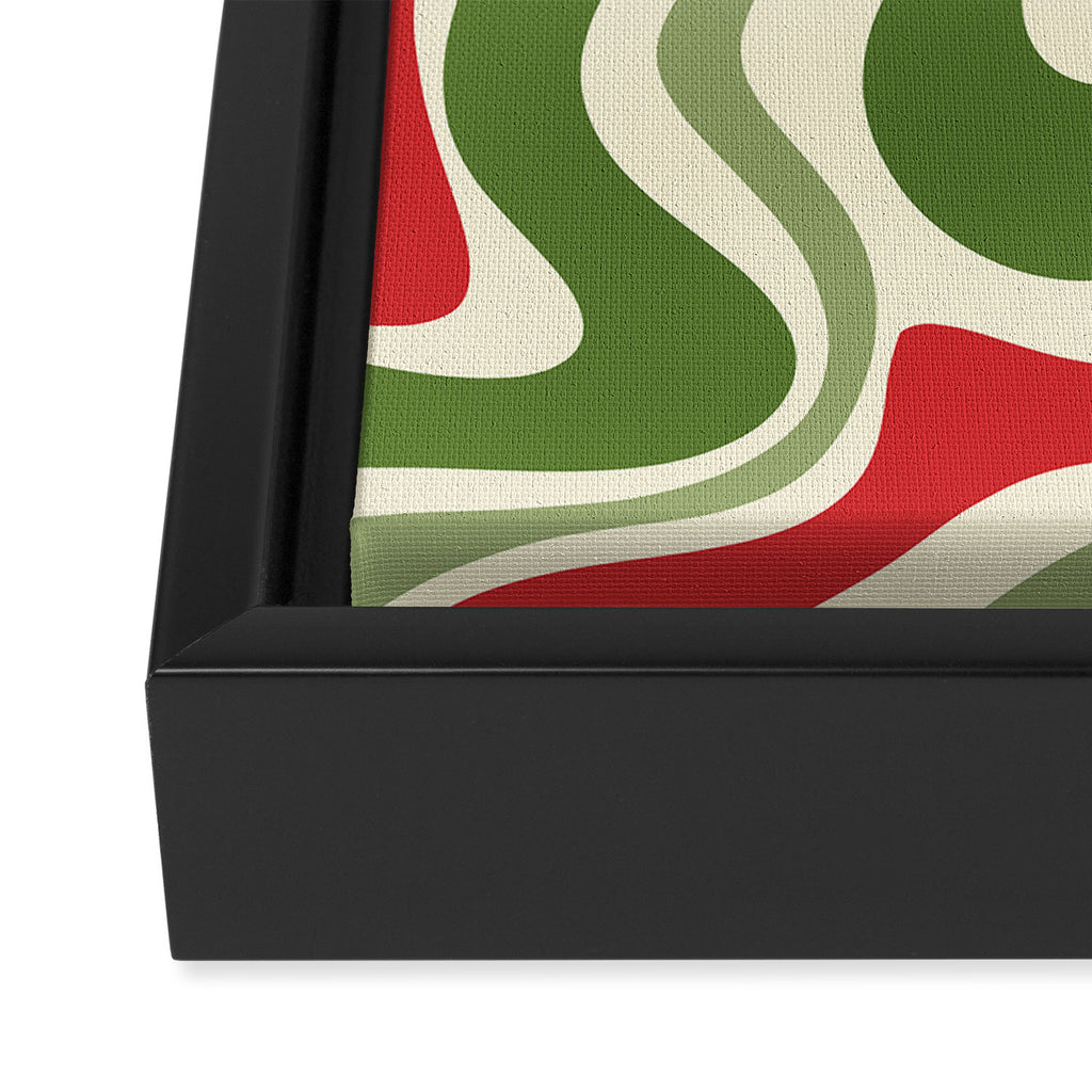 Retro Christmas Swirl Abstract Pattern in Olive Green, Sage, Xmas Red, and Cream Framed Canvas Print Gallery Image 3