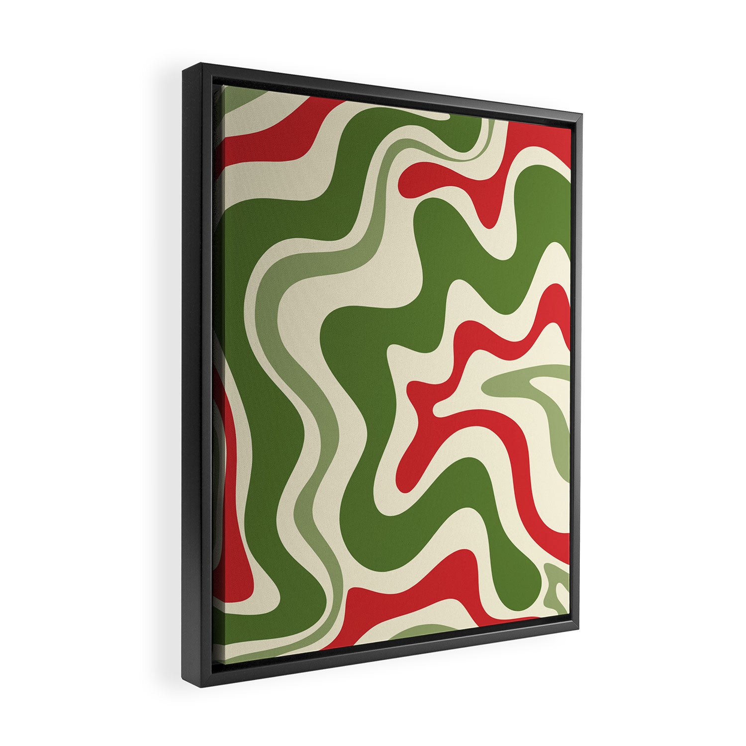 Retro Christmas Swirl Abstract Pattern in Olive Green, Sage, Xmas Red, and Cream Framed Canvas Print Gallery Image 2