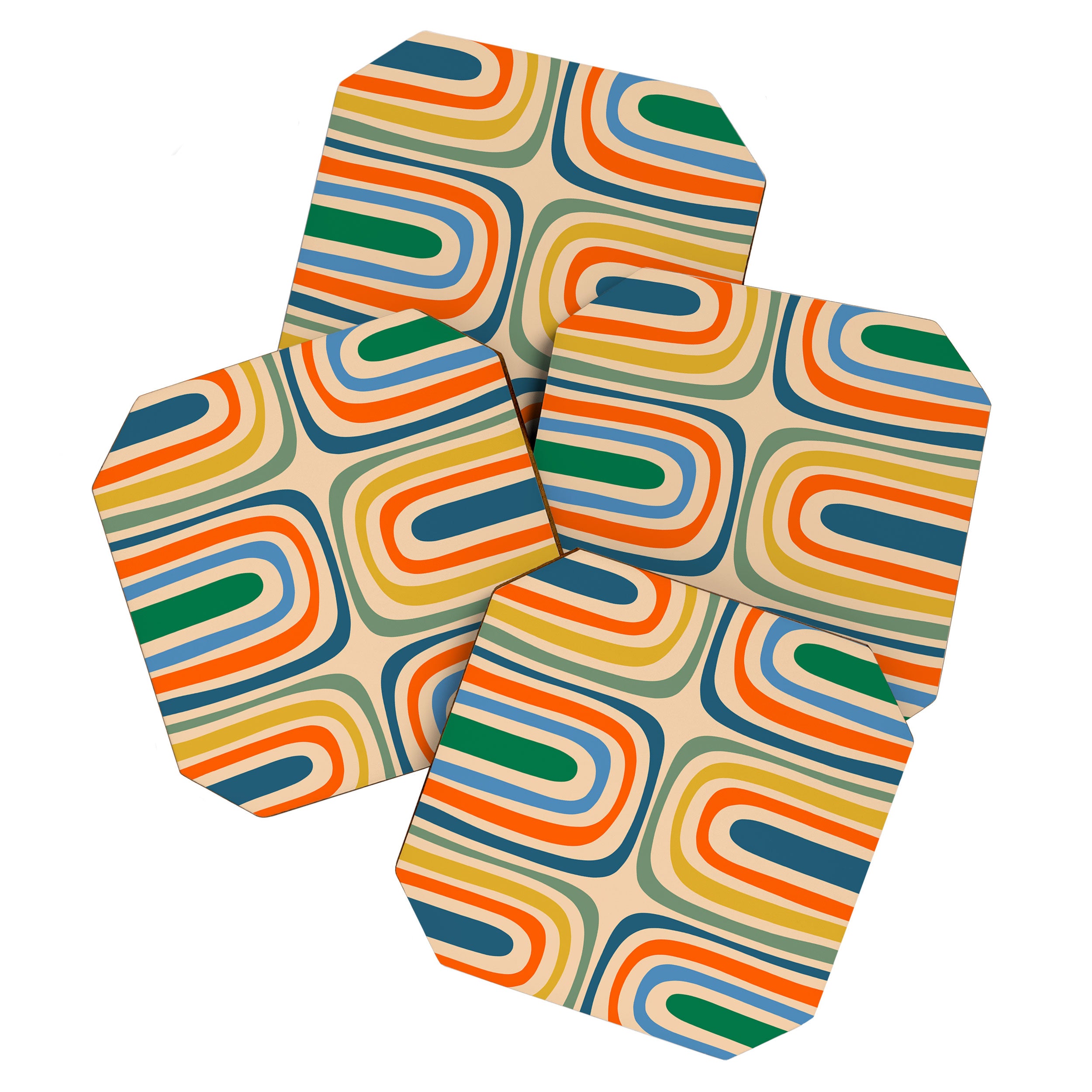 Retro Confaab Abstract Vertical Pattern Blue Orange Green Mustard Apricot Coaster Gallery Image 1