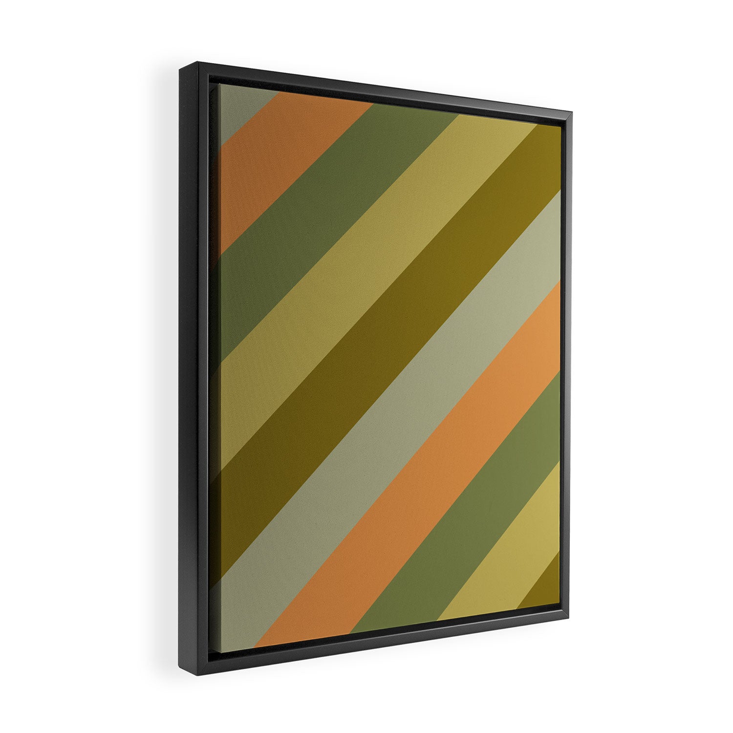 Retro Diagonal Stripes in Vintage Olive Green and Cantaloupe Orange Framed Canvas Print Gallery Image 2