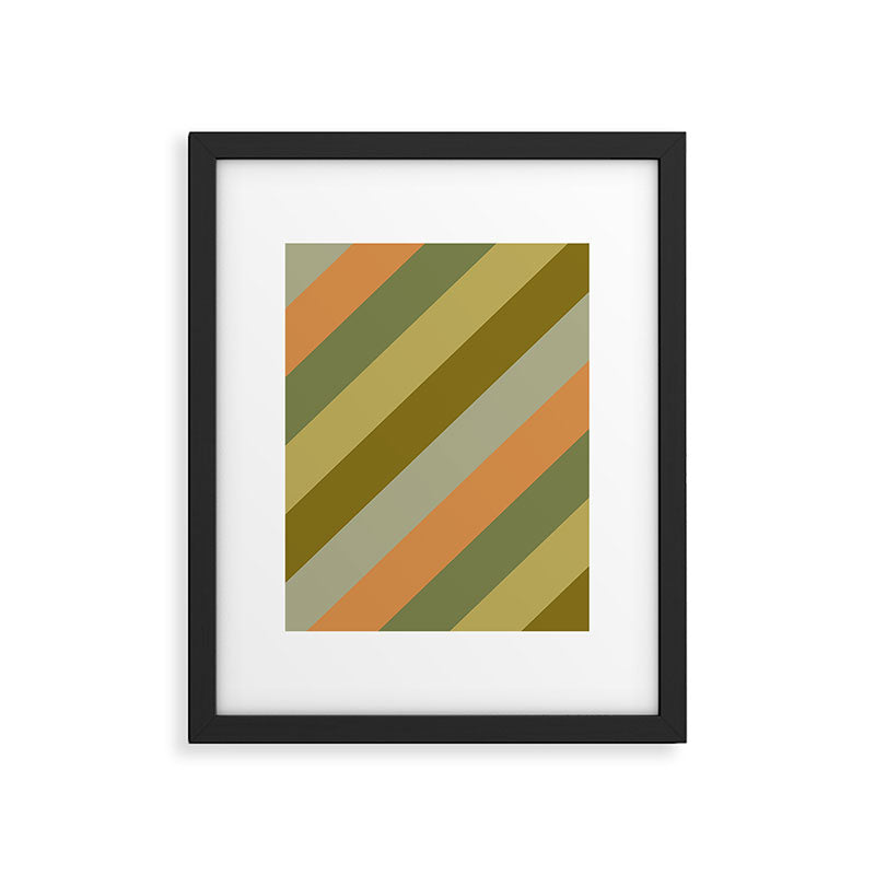 Retro Diagonal Stripes in Vintage Olive Green and Cantaloupe Orange Framed Art Print Gallery Image 6