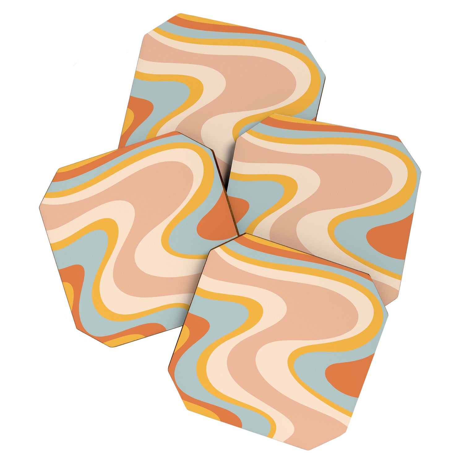Retro Dream Abstract Swirl Pattern Pastel Apricot Buff Ice Blue Mustard Coaster Gallery Image 1