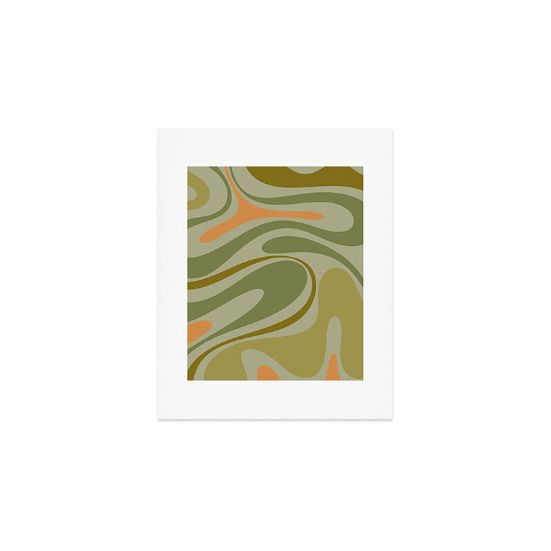 Retro Fantasy Swirl Abstract in Vintage Olive Green Celadon Orange Art Print Gallery Image 1