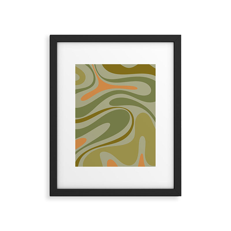 Retro Fantasy Swirl Abstract in Vintage Olive Green Celadon Orange Framed Art Print Gallery Image 6