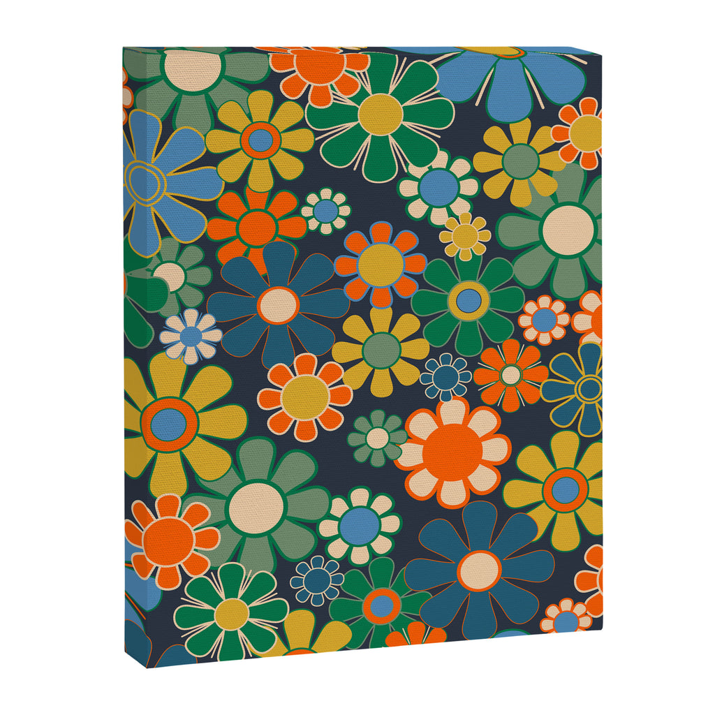 Retro Floral 60s 70s Garden Flowers Pattern Blue Green Orange Mustard Canvas Print Gallery Image 8