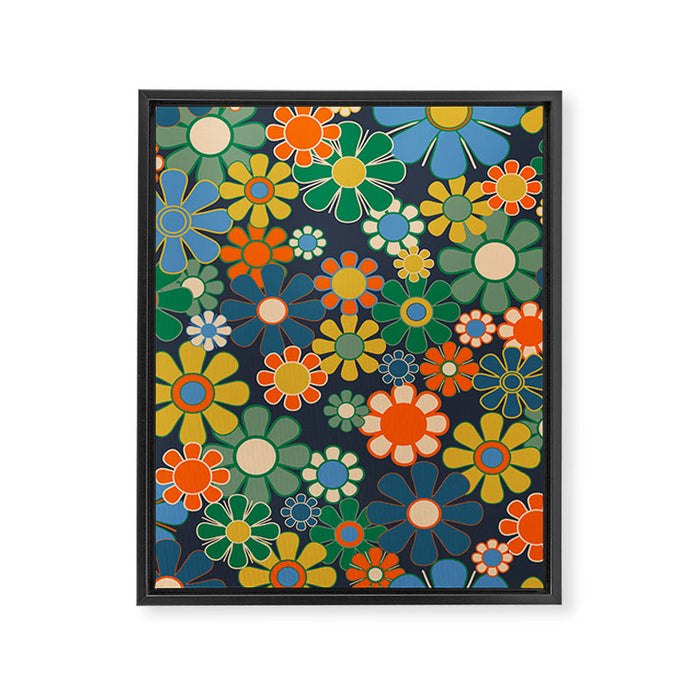 Retro Floral 60s 70s Garden Flowers Pattern Blue Green Orange Mustard Framed Canvas Print Gallery Image 1