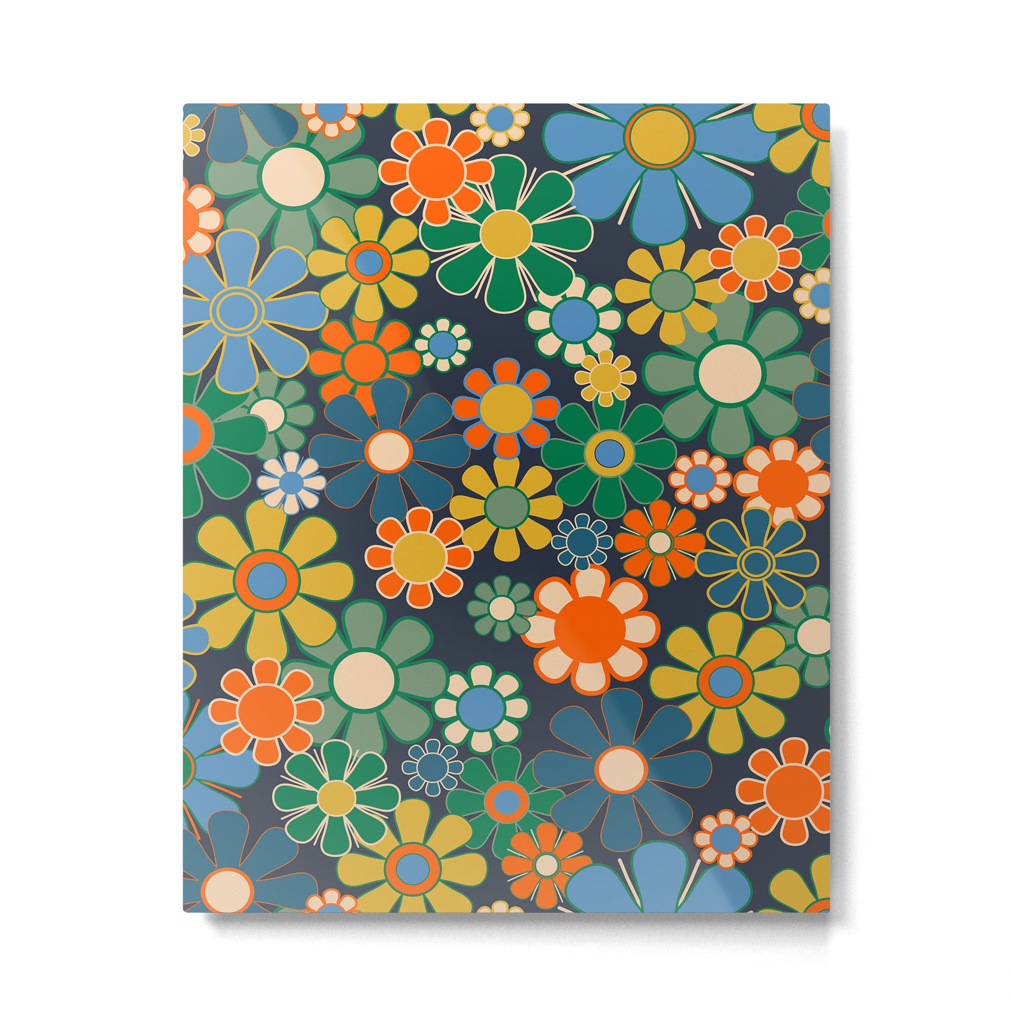 Retro Floral 60s 70s Garden Flowers Pattern Blue Green Orange Mustard Metal Print Gallery Image 6