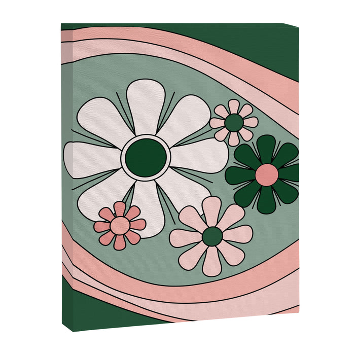 Retro Floral Daydream 60s Flowers Forest Green and Blush Pink Canvas Print Gallery Image 1