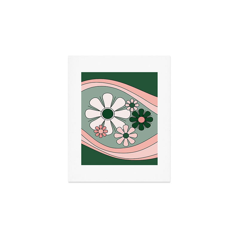 Retro Floral Daydream 60s Flowers Forest Green and Blush Pink Art Print Gallery Image 1