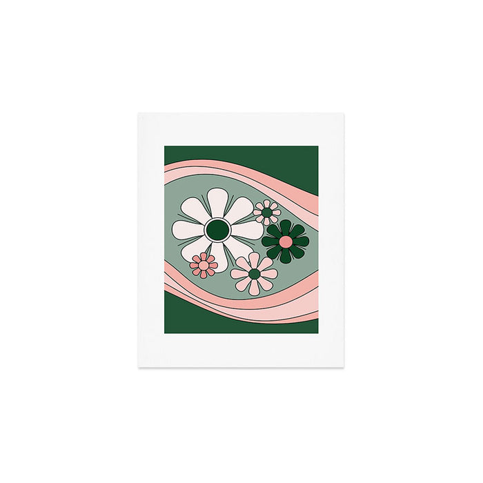 Retro Floral Daydream 60s Flowers Forest Green and Blush Pink Art Print Gallery Image 1