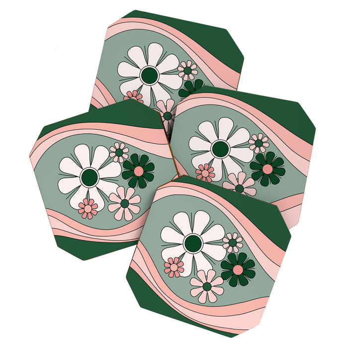 Retro Floral Daydream 60s Flowers Forest Green and Blush Pink Coaster Gallery Image 1