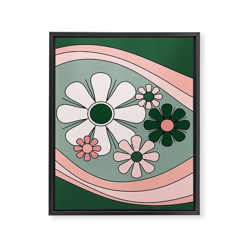 Retro Floral Daydream 60s Flowers Forest Green and Blush Pink Framed Canvas Print Gallery Image 8