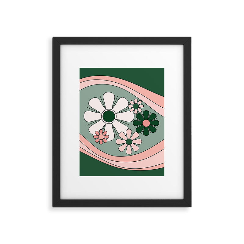 Retro Floral Daydream 60s Flowers Forest Green and Blush Pink Framed Art Print Gallery Image 6