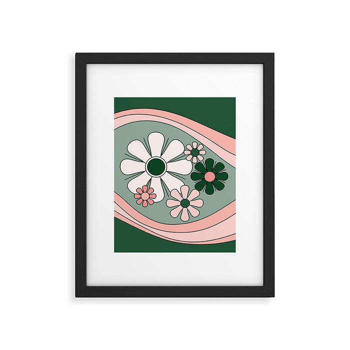 Retro Floral Daydream 60s Flowers Forest Green and Blush Pink Framed Art Print Gallery Image 1