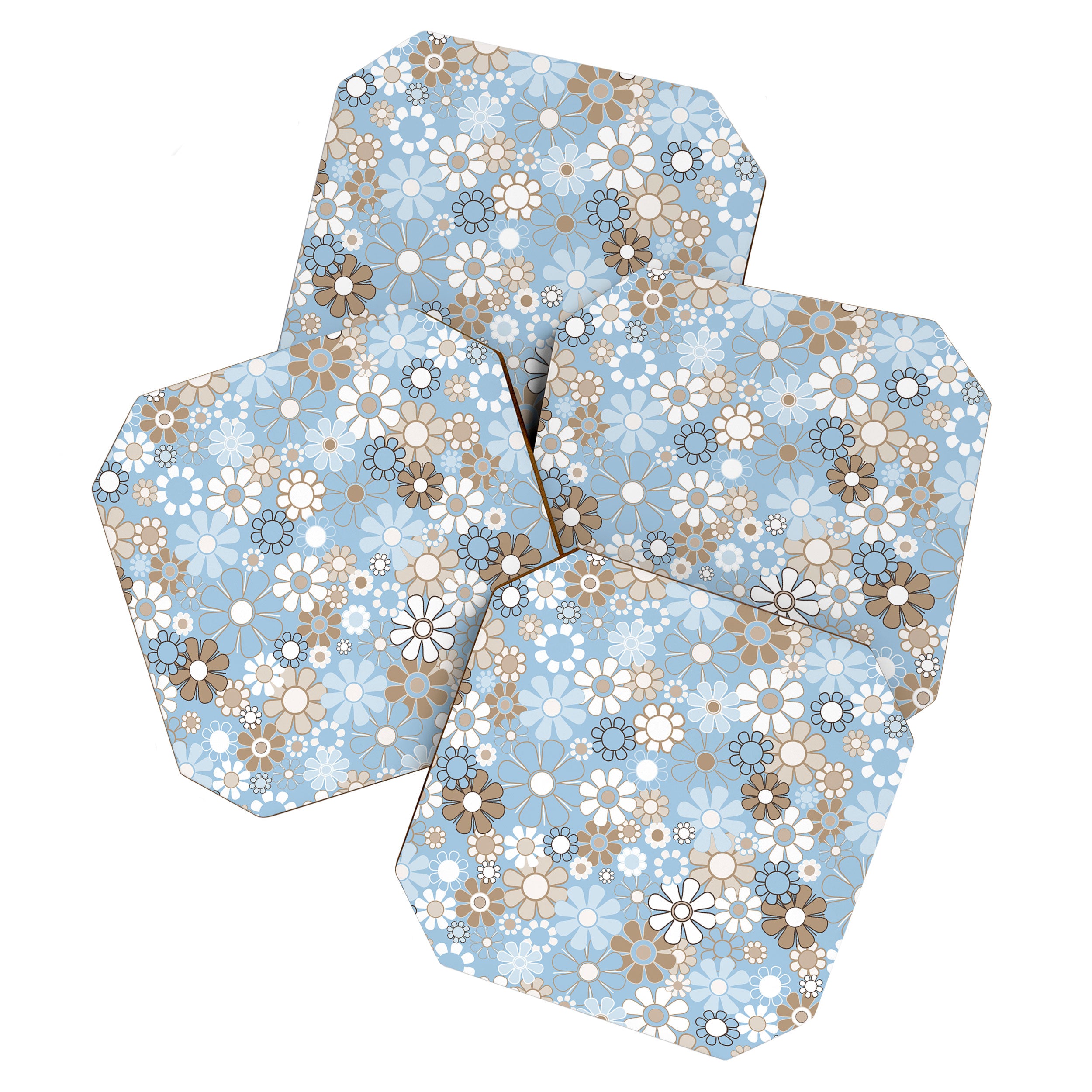 Retro Floral Garden Flower Pattern in Ice Blue Coaster Gallery Image 1