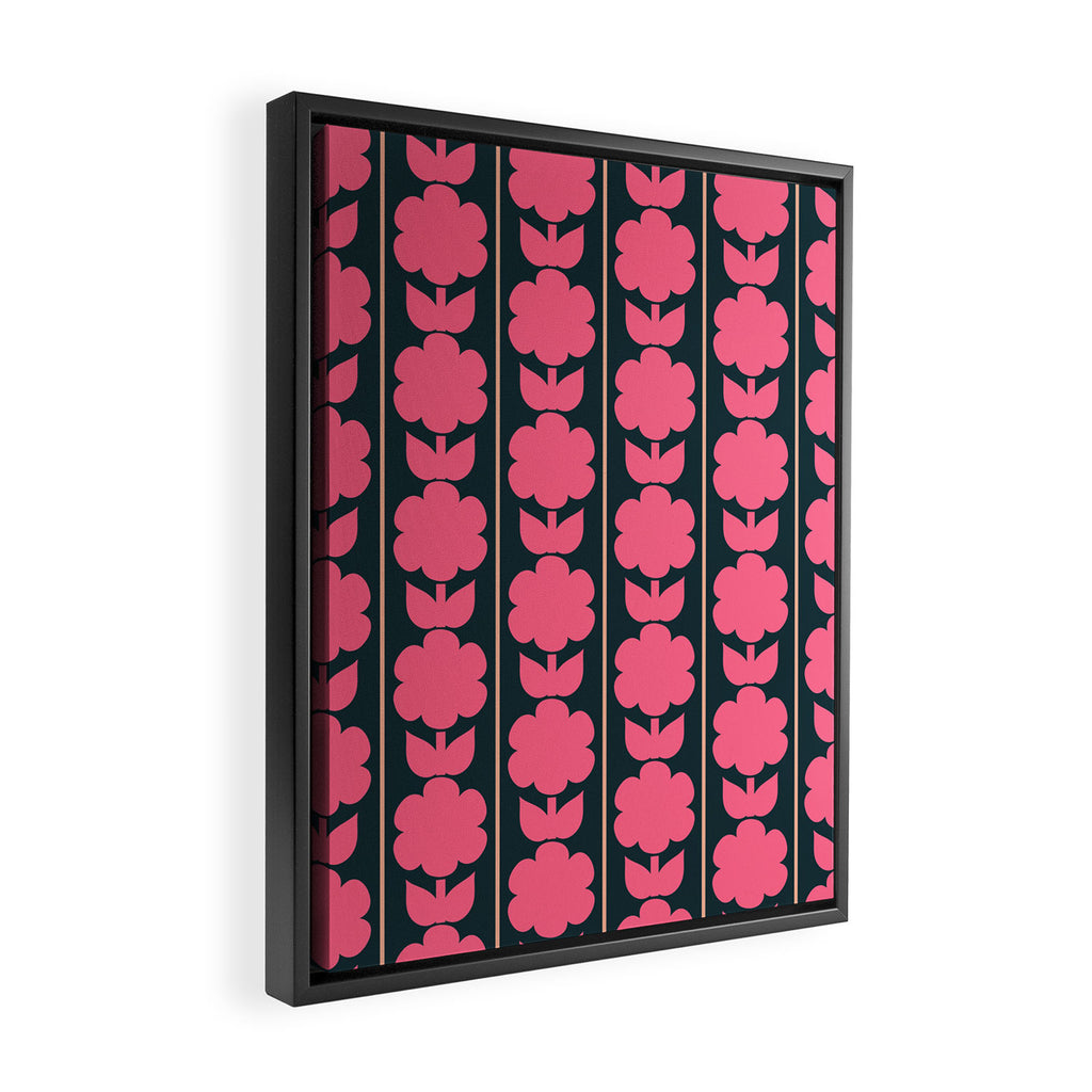 Retro Floral Jonnty Flowers and Stripes Pink and Blue Pattern Framed Canvas Print Gallery Image 2
