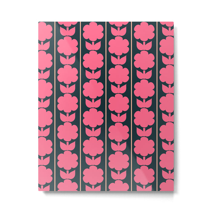 Retro Floral Jonnty Flowers and Stripes Pink and Blue Pattern Metal Print Gallery Image 1