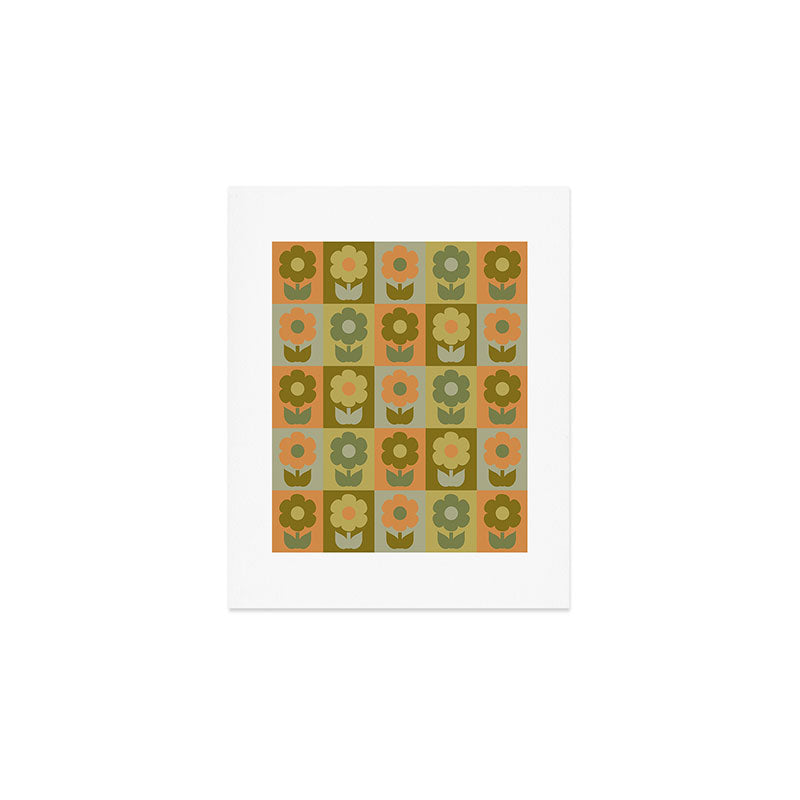 Retro Floral Jonnty Flowers Checkered Pattern in Vintage Olive Green and Cantaloupe Orange Tones  Art Print Gallery Image 1