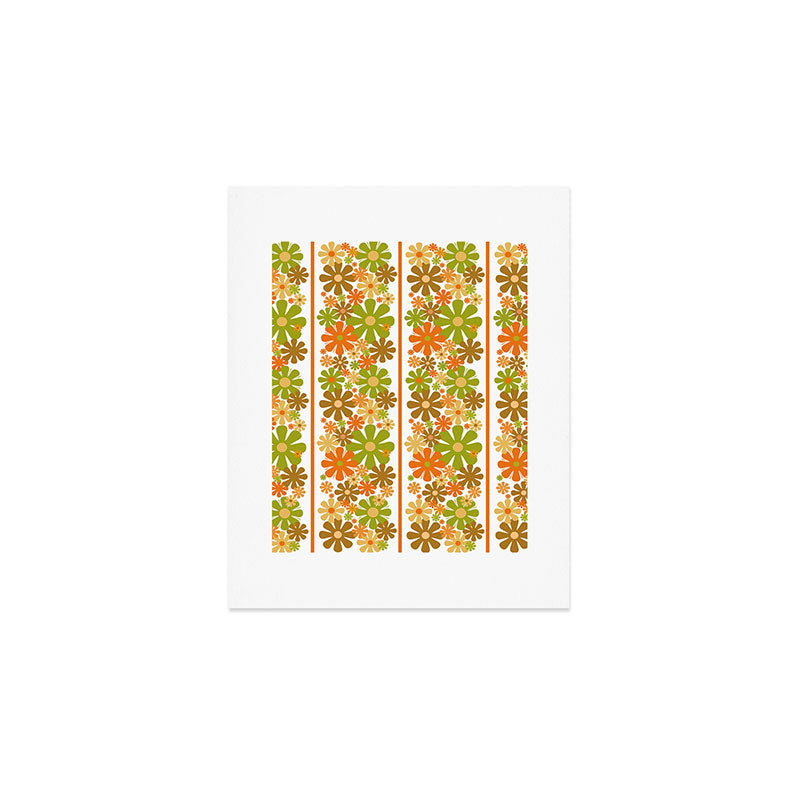 Retro Floral Stripe 60s 70s Aesthetic Pattern in Avocado Orange Brown Art Print Gallery Image 1