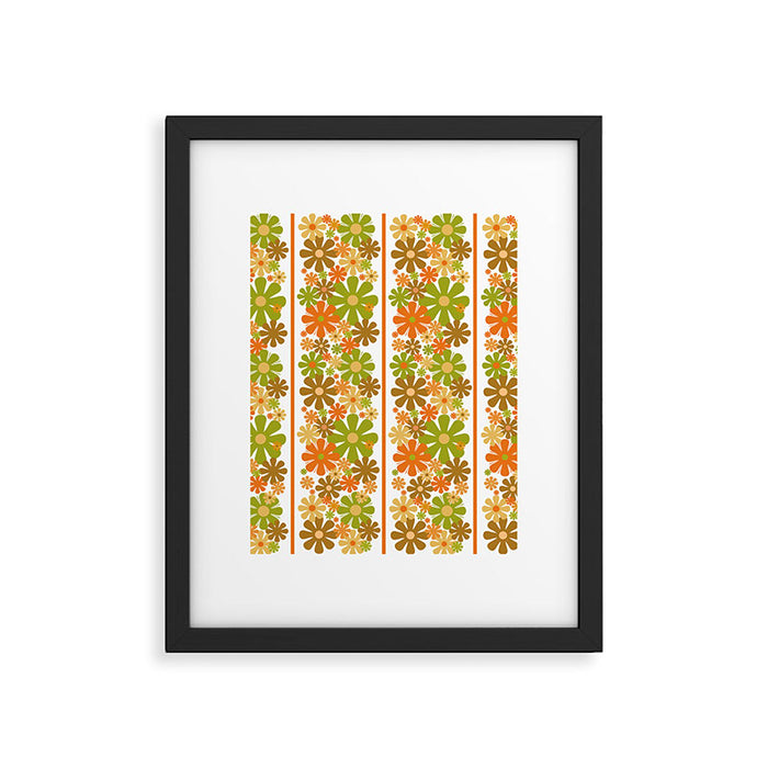 Retro Floral Stripe 60s 70s Aesthetic Pattern in Avocado Orange Brown Framed Art Print Gallery Image 1