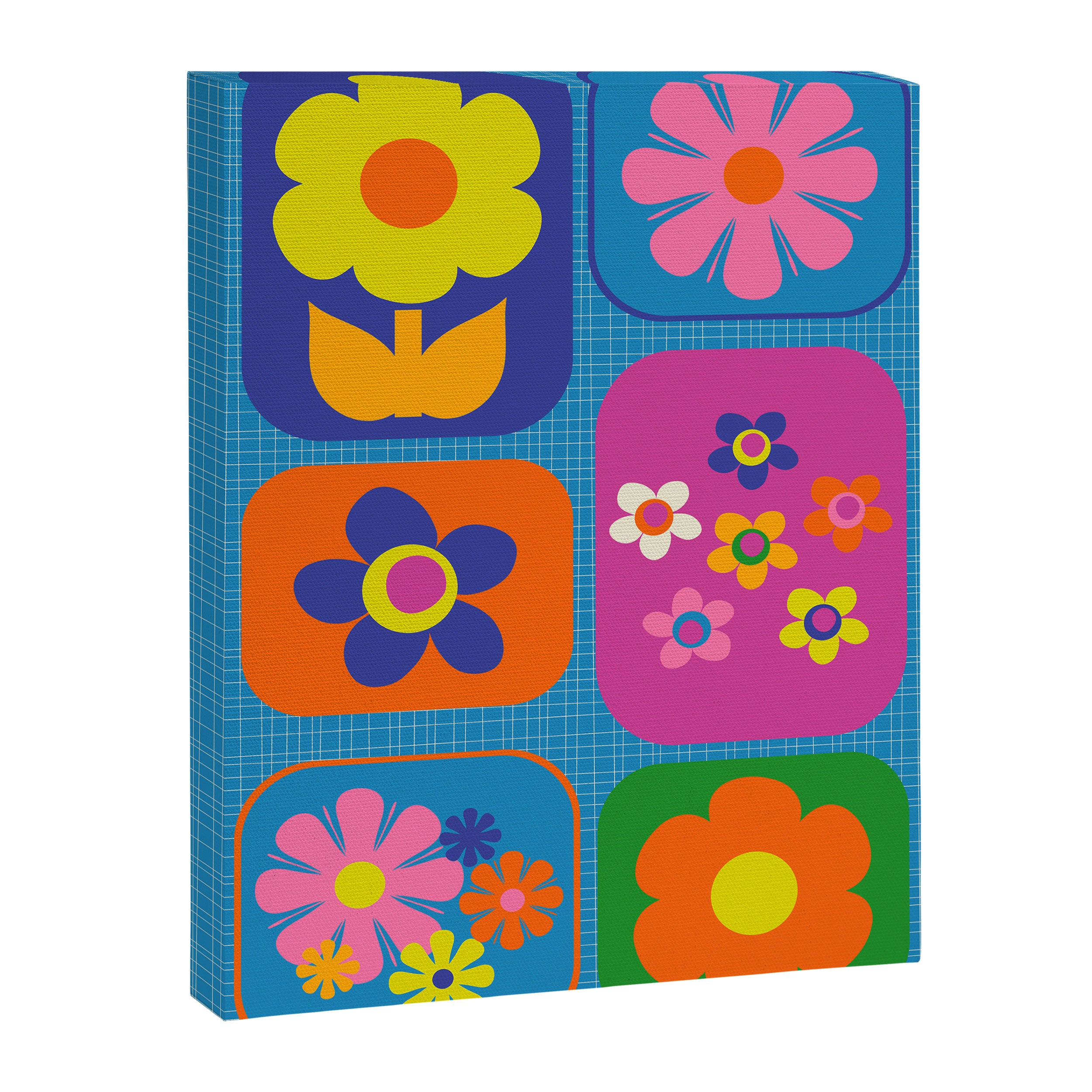 Retro Flower Patch Colorful Flowers on Blue Canvas Print Gallery Image 6