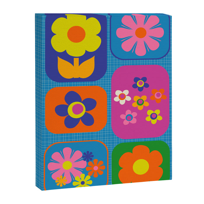 Retro Flower Patch Colorful Flowers on Blue Canvas Print Gallery Image 1