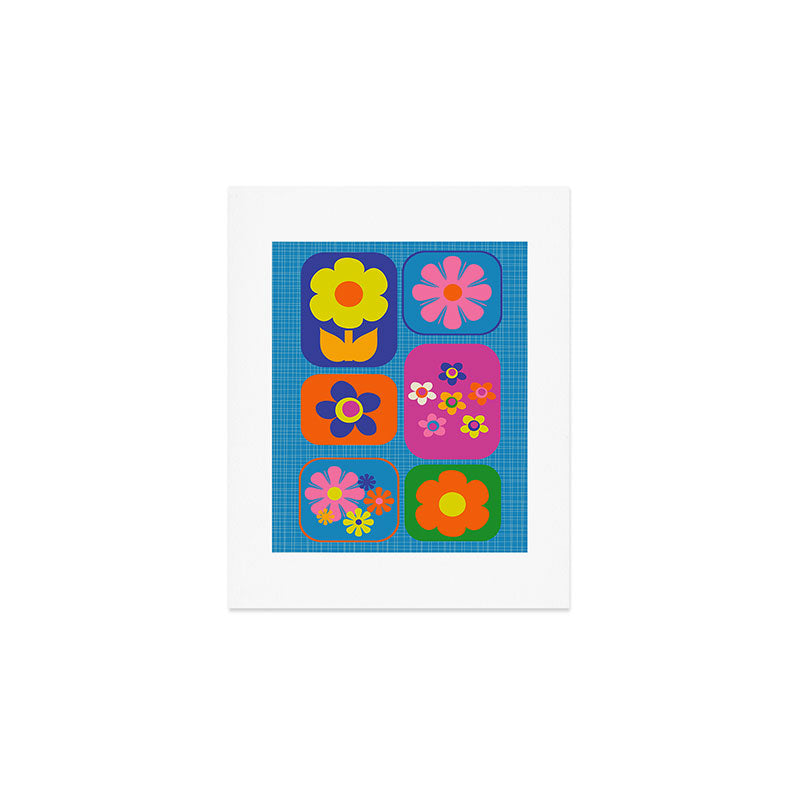 Retro Flower Patch Colorful Flowers on Blue Art Print Gallery Image 1