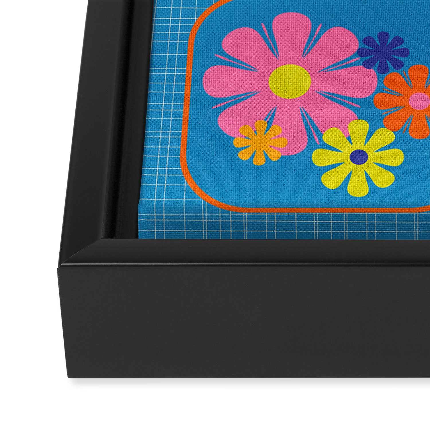 Retro Flower Patch Colorful Flowers on Blue Framed Canvas Print Gallery Image 3