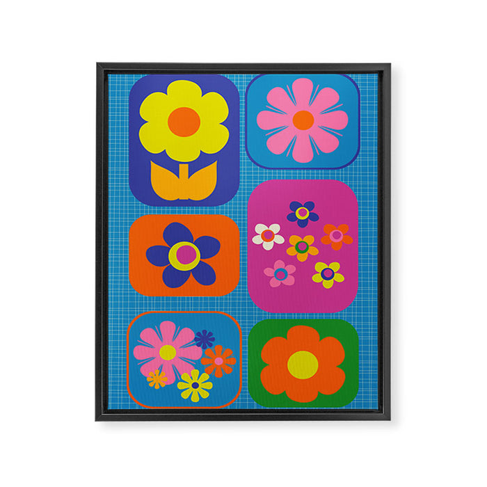 Retro Flower Patch Colorful Flowers on Blue Framed Canvas Print Gallery Image 1
