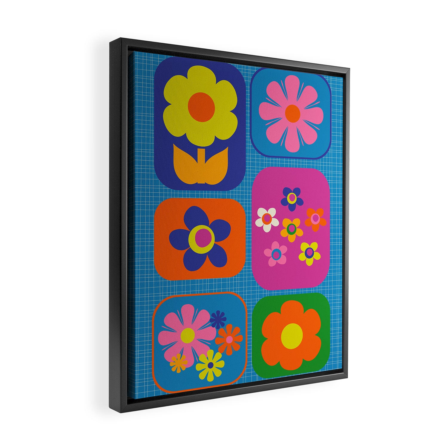 Retro Flower Patch Colorful Flowers on Blue Framed Canvas Print Gallery Image 2