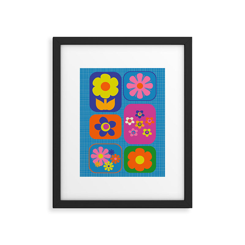 Retro Flower Patch Colorful Flowers on Blue Framed Art Print Gallery Image 5