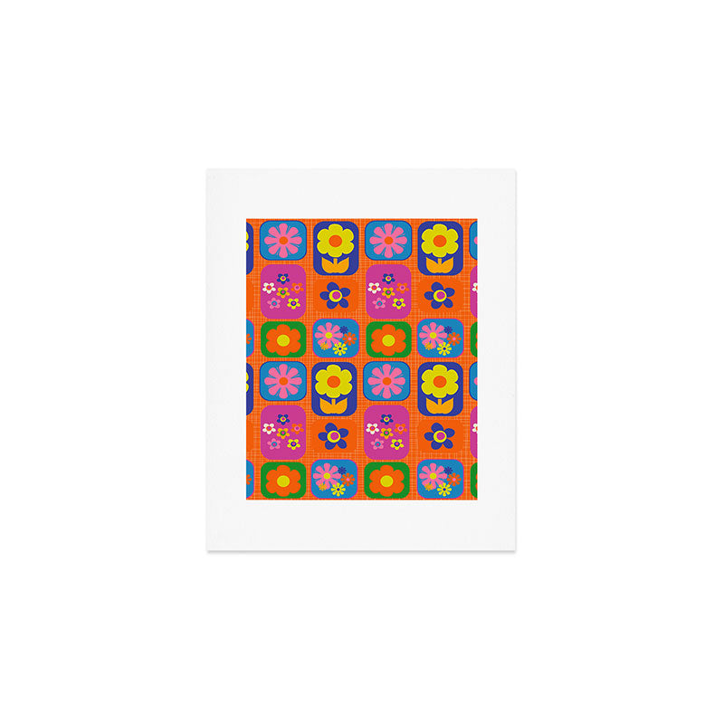 Retro Flower Patch Cute & Colorful Pattern on Orange Art Print Gallery Image 1
