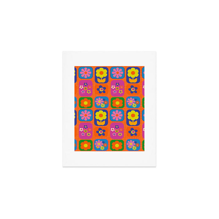 Retro Flower Patch Cute & Colorful Pattern on Orange Art Print Gallery Image 1