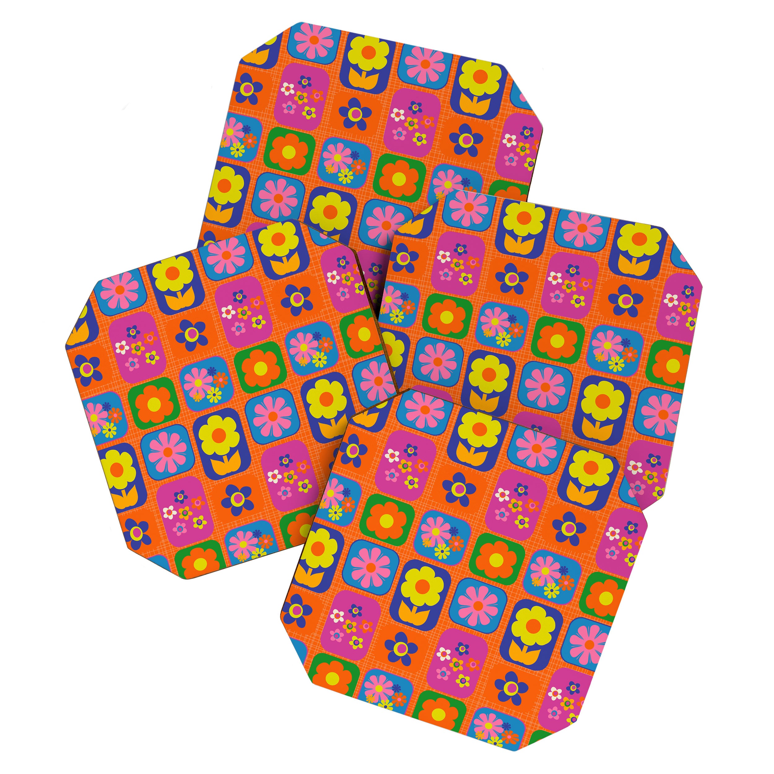 Retro Flower Patch Cute & Colorful Pattern on Orange Coaster Gallery Image 1