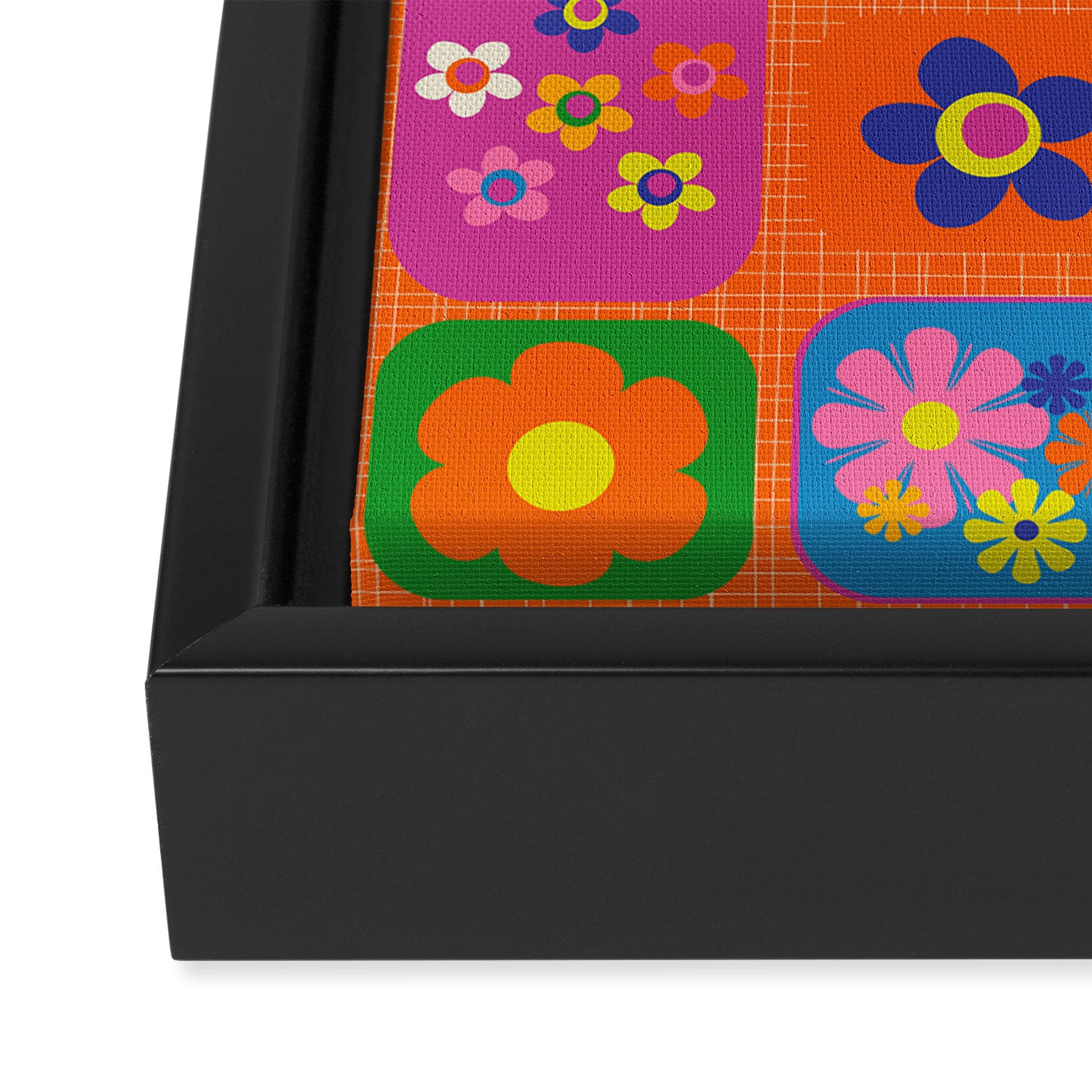 Retro Flower Patch Cute & Colorful Pattern on Orange Framed Canvas Print Gallery Image 3