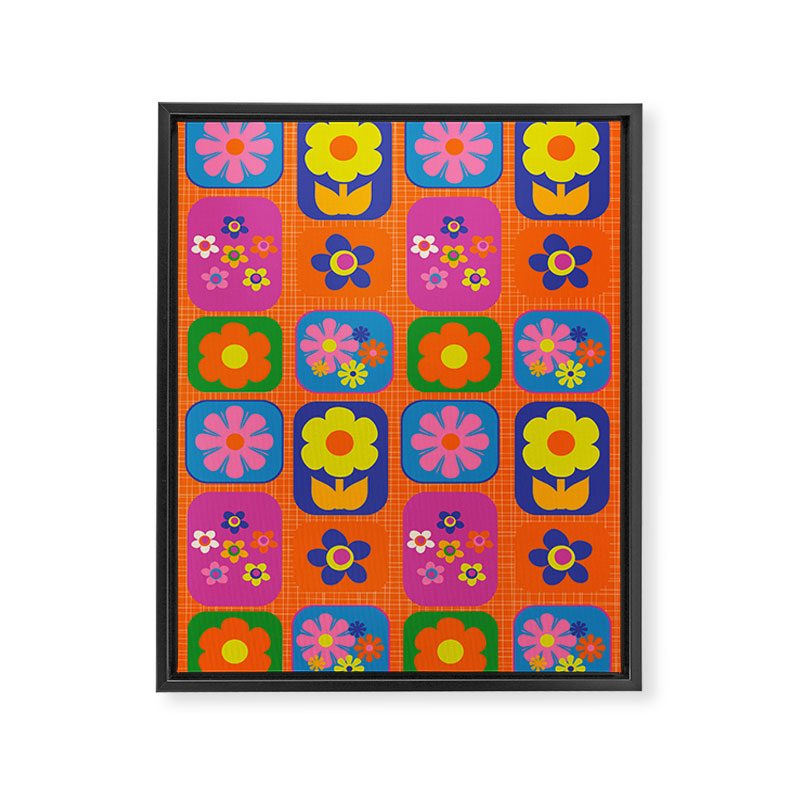 Retro Flower Patch Cute & Colorful Pattern on Orange Framed Canvas Print Gallery Image 6