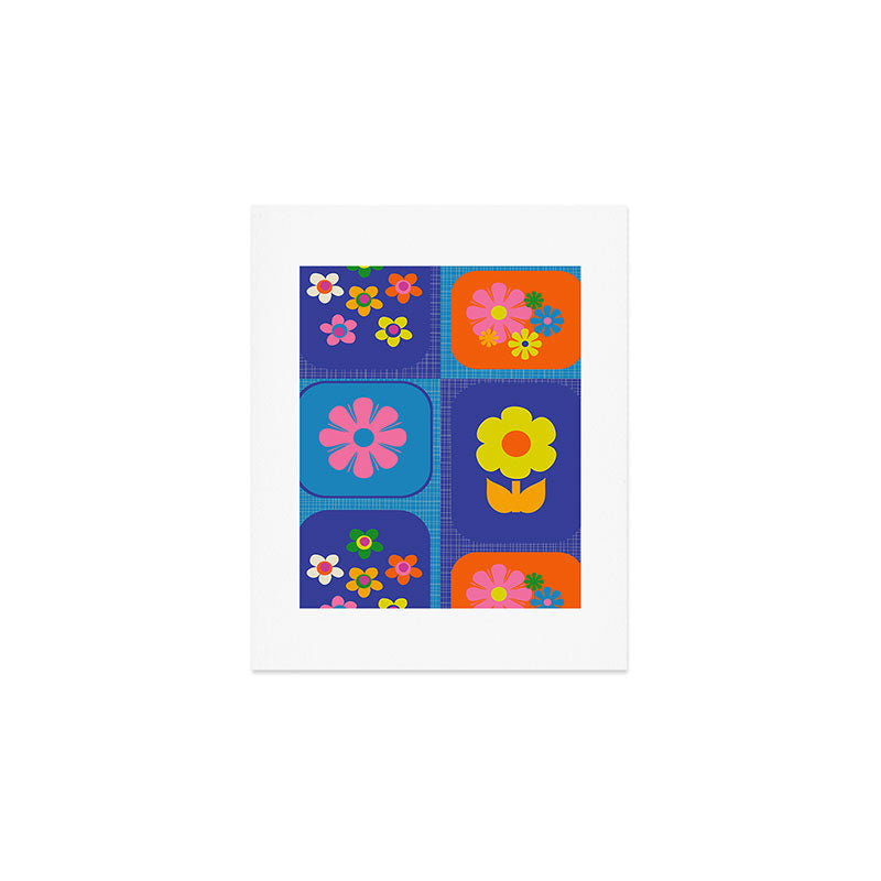 Retro Flower Patch Cute Vintage Aesthetic Floral Pattern Blue Orange Pink Art Print Gallery Image 1