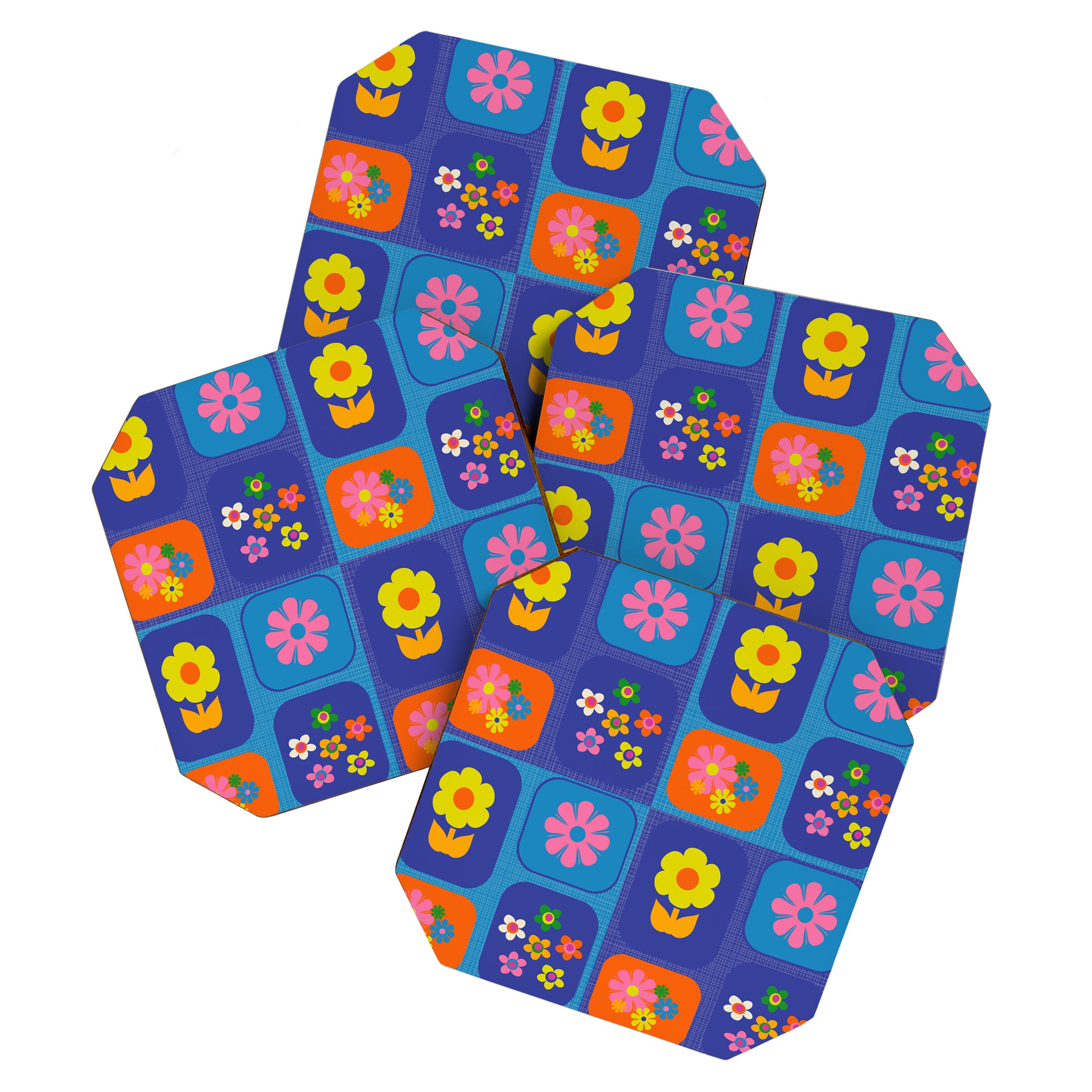 Retro Flower Patch Cute Vintage Aesthetic Floral Pattern Blue Orange Pink Coaster Gallery Image 1