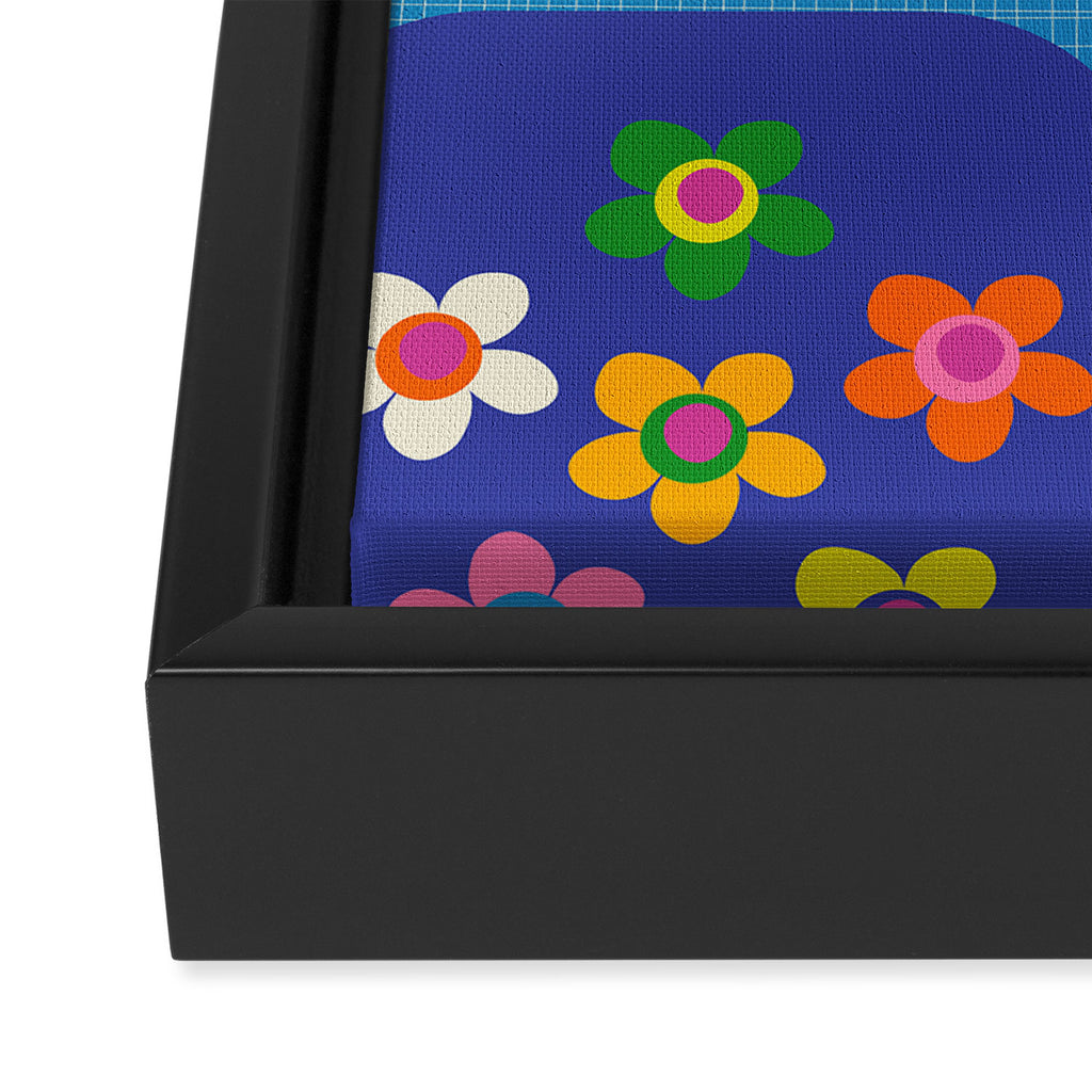 Retro Flower Patch Cute Vintage Aesthetic Floral Pattern Blue Orange Pink Framed Canvas Print Gallery Image 3