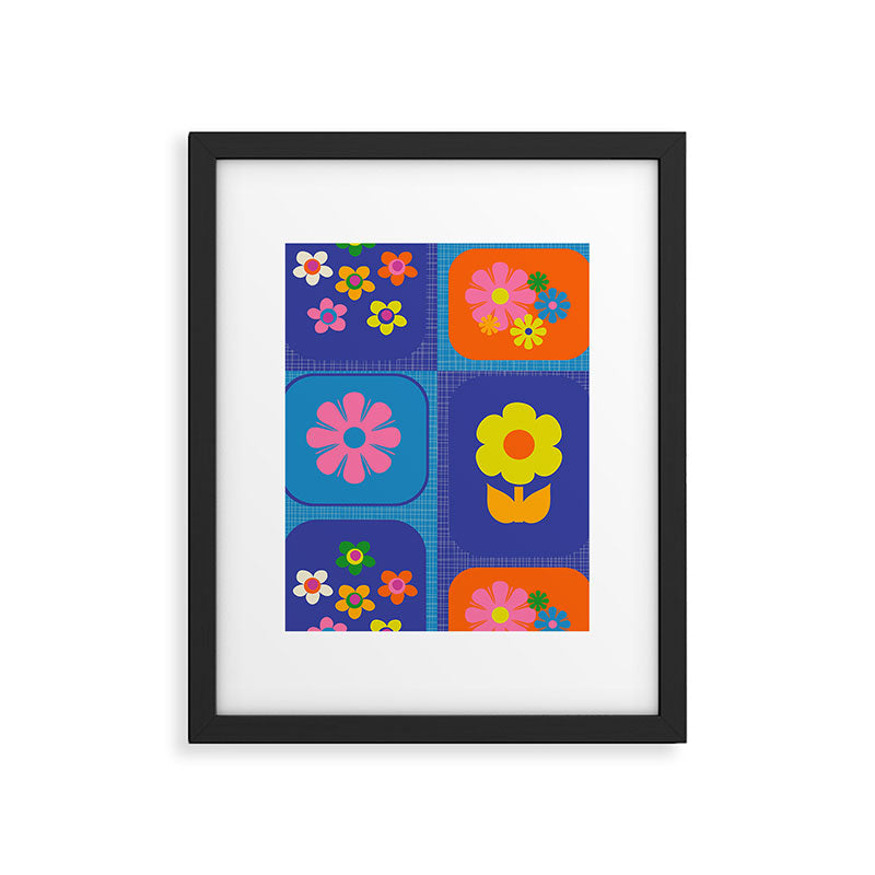 Retro Flower Patch Cute Vintage Aesthetic Floral Pattern Blue Orange Pink Framed Art Print Gallery Image 6
