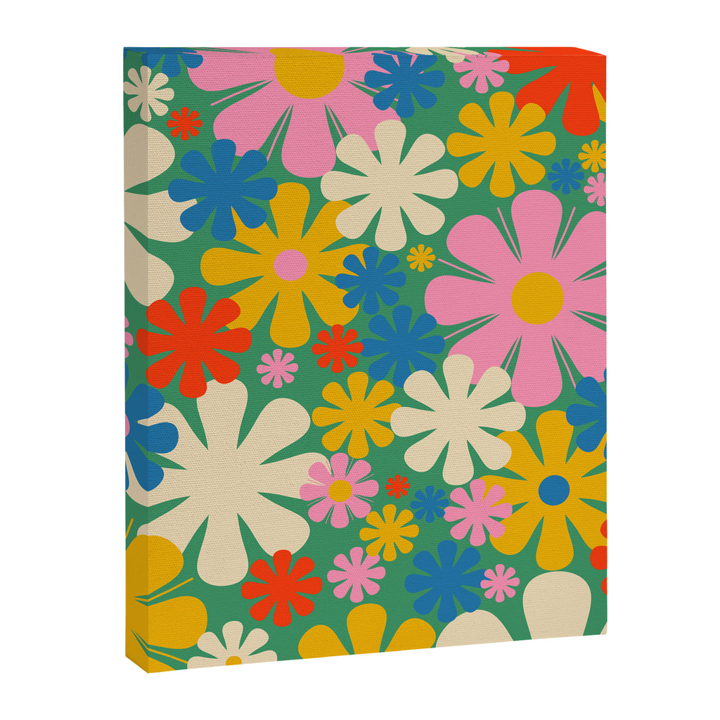 Retro Flowers 60s 70s Aesthetic Floral Pattern in Pop Green Blue Pink Red Mustard Yellow Cream Canvas Print Gallery Image 8