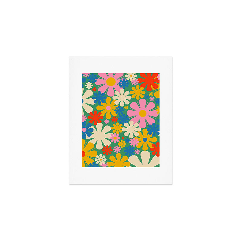 Retro Flowers 60s 70s Aesthetic Floral Pattern in Pop Green Blue Pink Red Mustard Yellow Cream Art Print Gallery Image 1