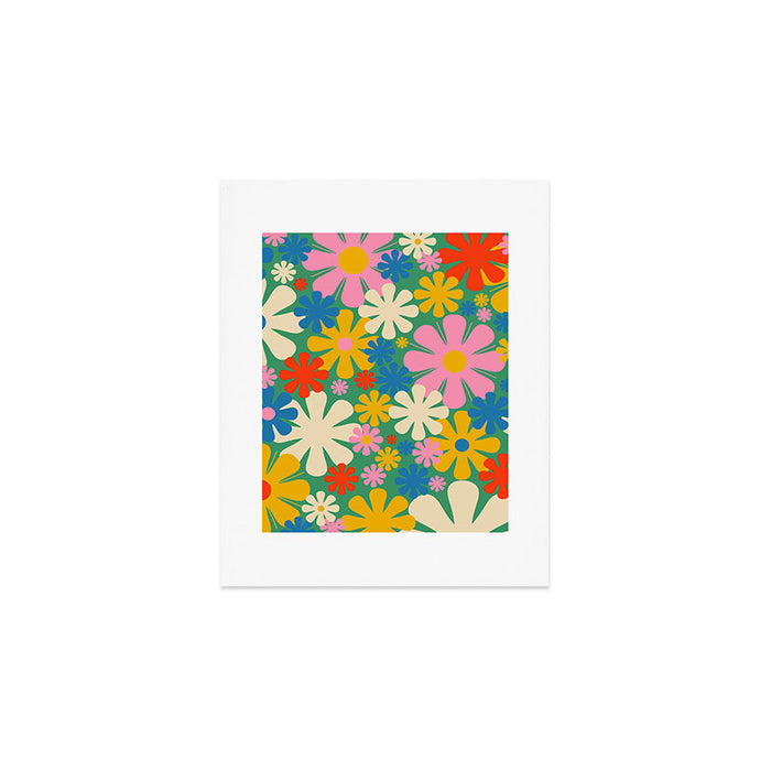 Retro Flowers 60s 70s Aesthetic Floral Pattern in Pop Green Blue Pink Red Mustard Yellow Cream Art Print Gallery Image 1