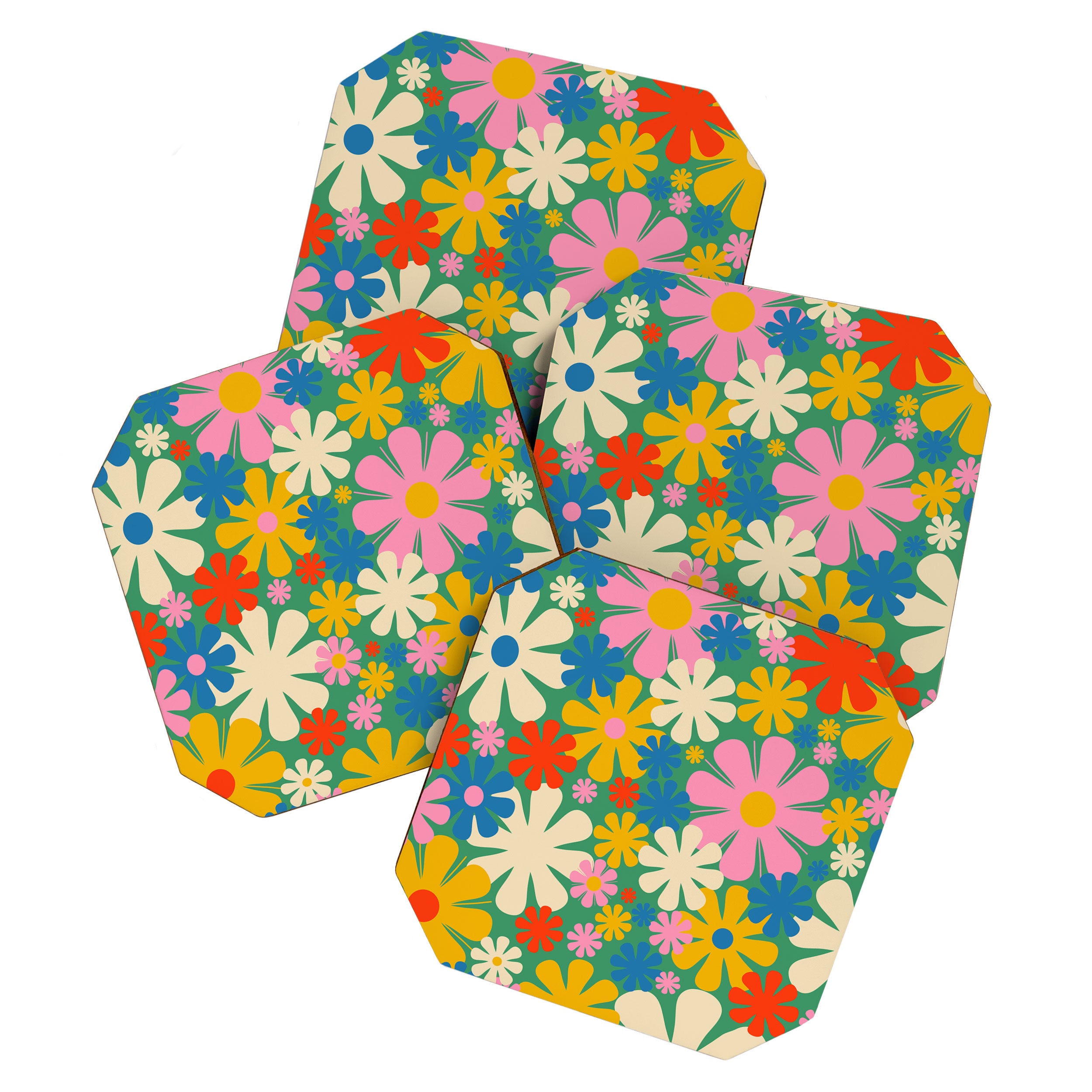 Retro Flowers 60s 70s Aesthetic Floral Pattern in Pop Green Blue Pink Red Mustard Yellow Cream Coaster Gallery Image 1