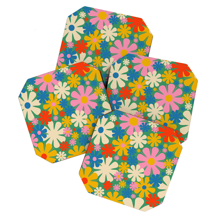 Retro Flowers 60s 70s Aesthetic Floral Pattern in Pop Green Blue Pink Red Mustard Yellow Cream Coaster Gallery Image 1