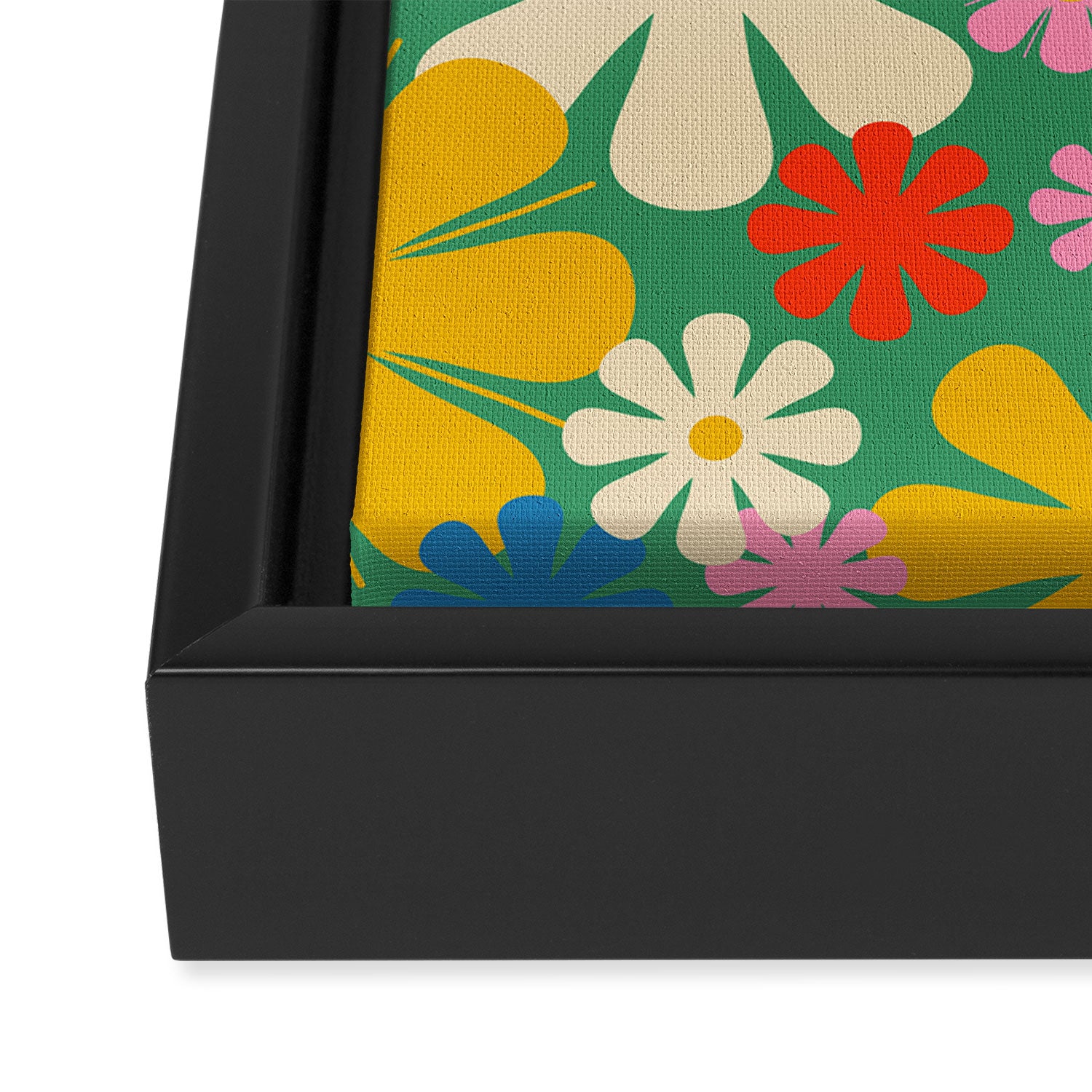 Retro Flowers 60s 70s Aesthetic Floral Pattern in Pop Green Blue Pink Red Mustard Yellow Cream Framed Canvas Print Gallery Image 3
