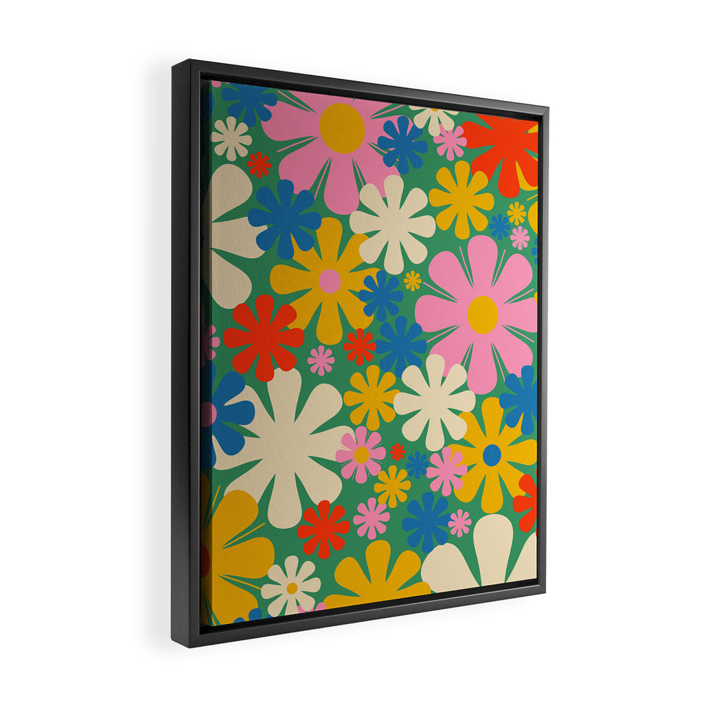 Retro Flowers 60s 70s Aesthetic Floral Pattern in Pop Green Blue Pink Red Mustard Yellow Cream Framed Canvas Print Gallery Image 2